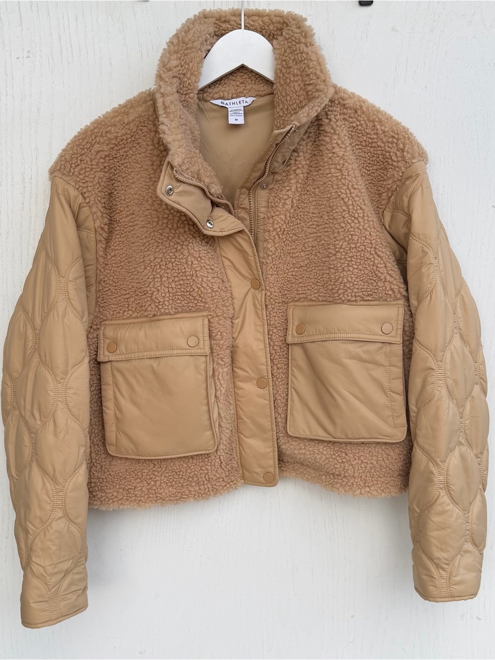 Athleta Fleece Hybrid Jacket Women's Medium Tan Neutral Bomber Sherpa Quilted